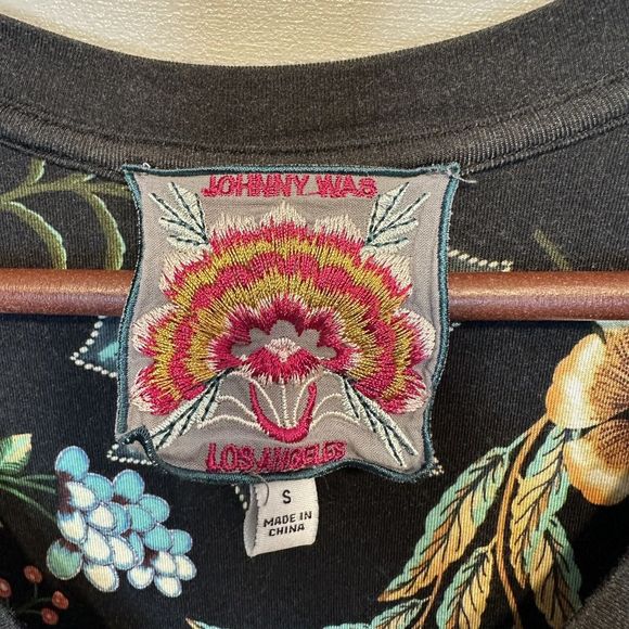 Johnny Was Bamboo Dress Small Ardell 3/4 Sleeve Tiered Knee Length Black Floral - Picture 9 of 10